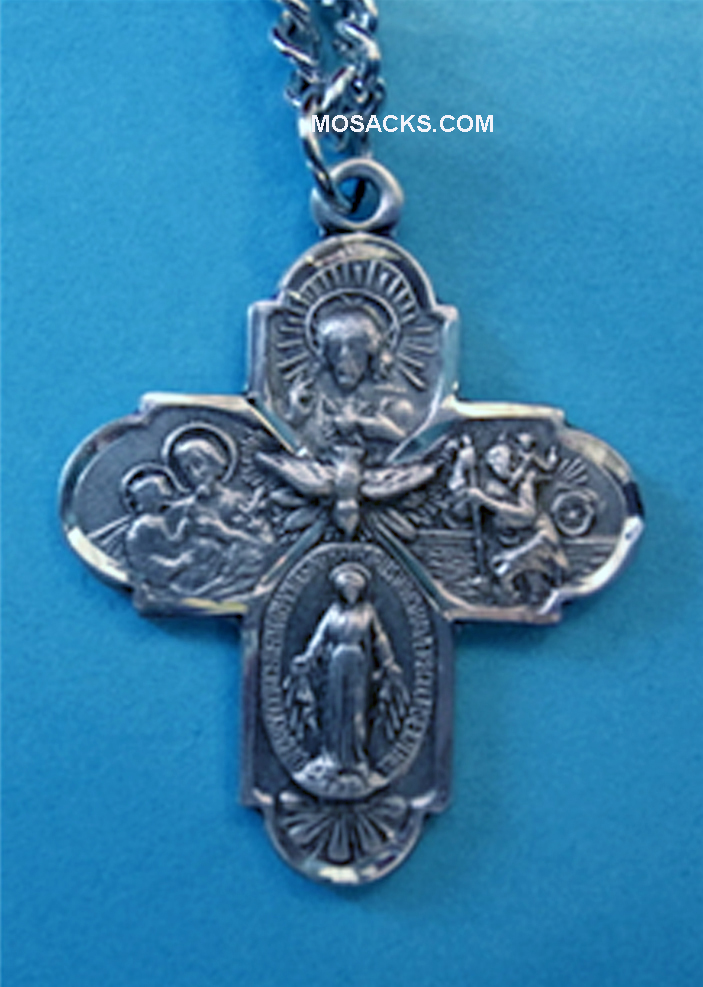 4-Way Sterling Silver Medal, 24" Stainless Steel Chain, S-1447-24S