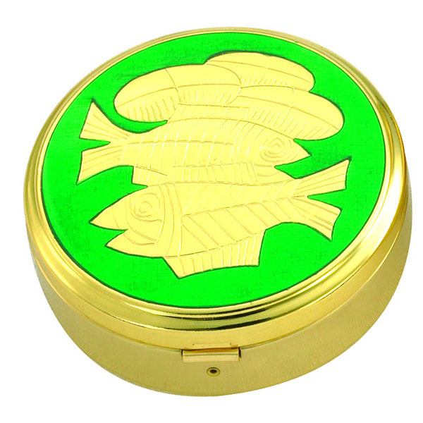 Pyx Gold Plate Fish with Green 45 Host 3-3/8 x 1-1/4" - 3253G/G Alviti