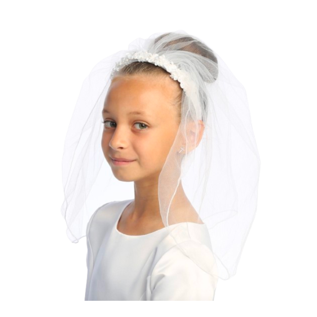 Communion 18" Veil + Silk Flowers + Rhinestones