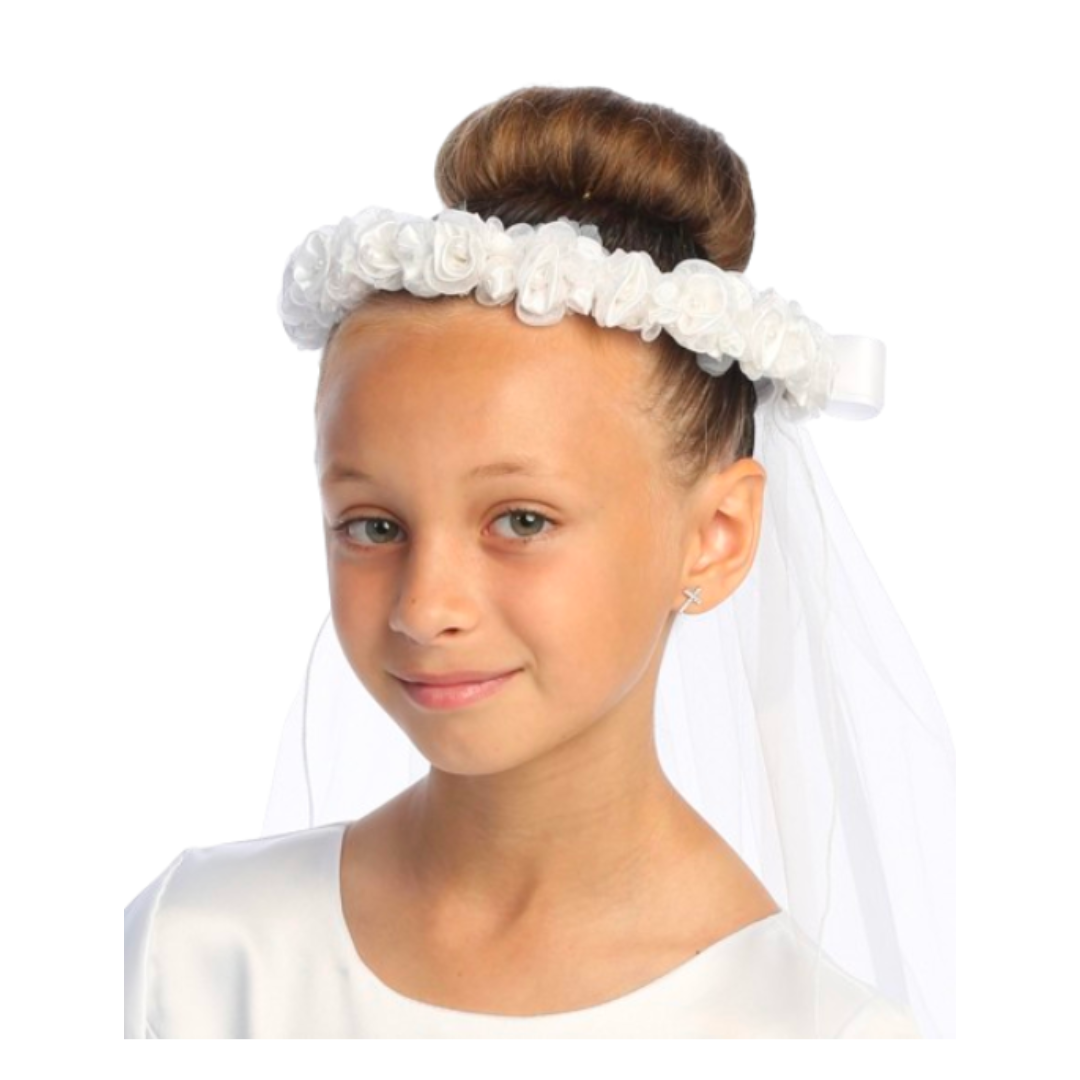 Communion 30" Veil + Satin Flowers + Bow