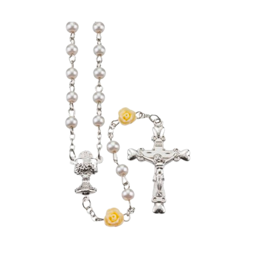 Communion Rosary 5mm White Faux Pearl and Rose Flower Bead