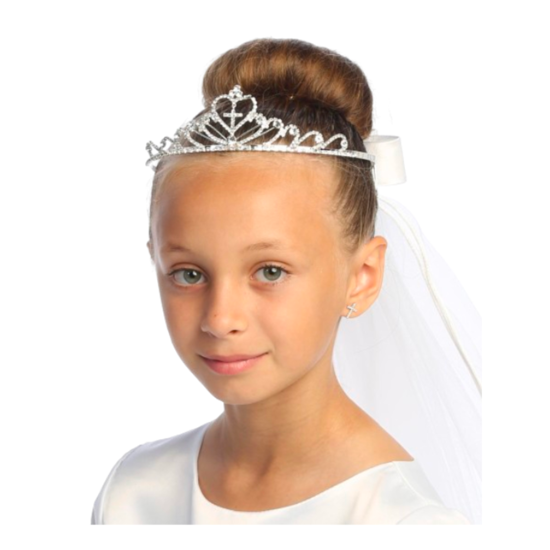 Communion 24" Veil + Rhinestone Tiara + Satin Bow