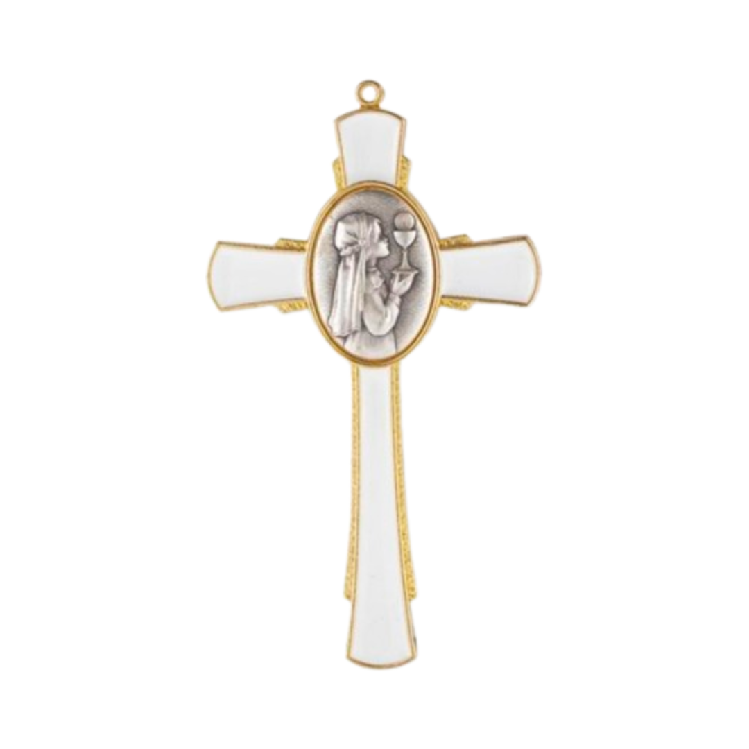 Communion Gold Cross 5" with White Epoxy (Girl) 