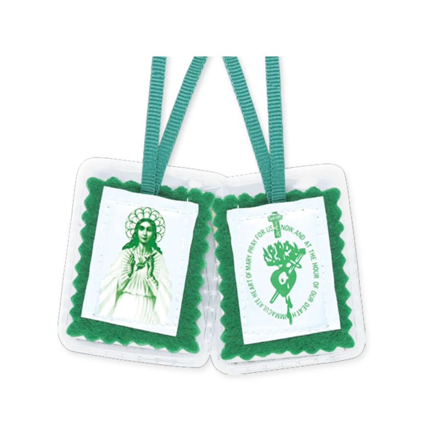 Green Scapular in Soft Plastic Case Devotion To Immaculate Heart 