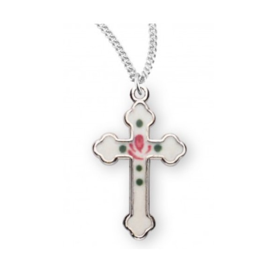 Sterling Silver White Enameled Cross, 3/4"