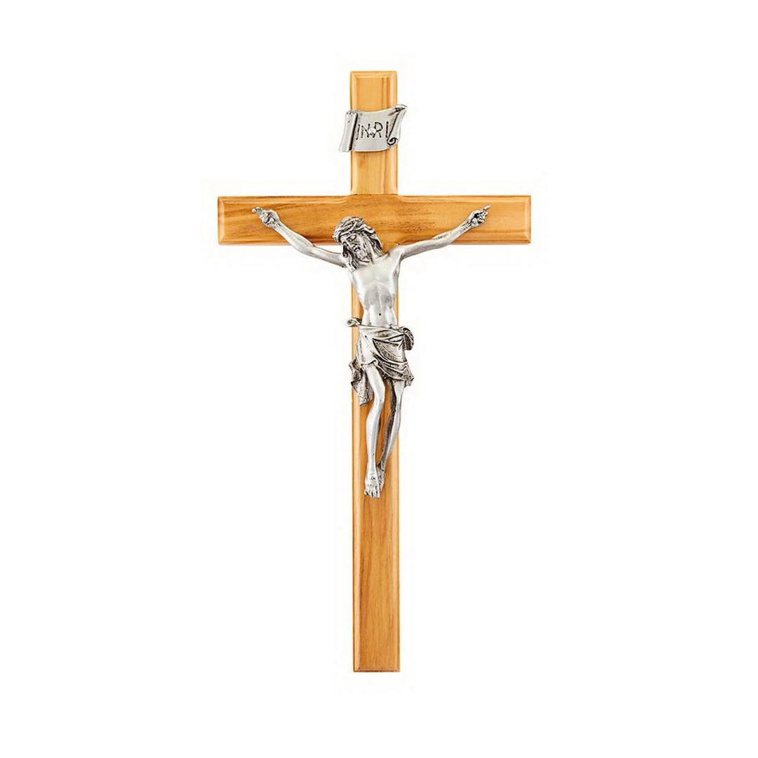 Crucifix 10" Beveled Edge Olive Wood with Antique Pewter Corpus