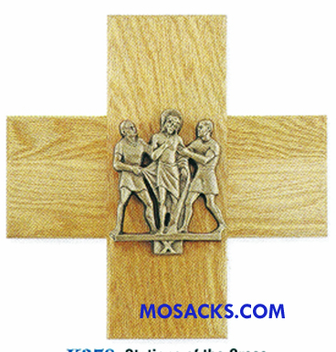 K378 Antique Bronze Finish 14 Stations Of The Cross on Oak Cross