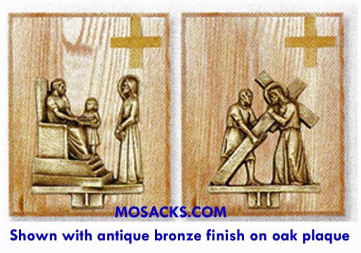 K379-BP Antique Bronze Finish 14 Stations Of The Cross on Wood Plaque