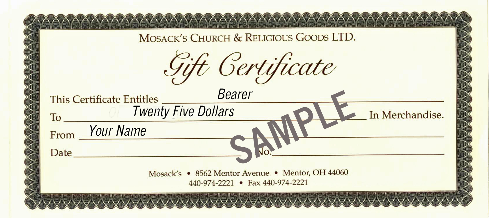 MOSACK'S $25 Gift Certificate