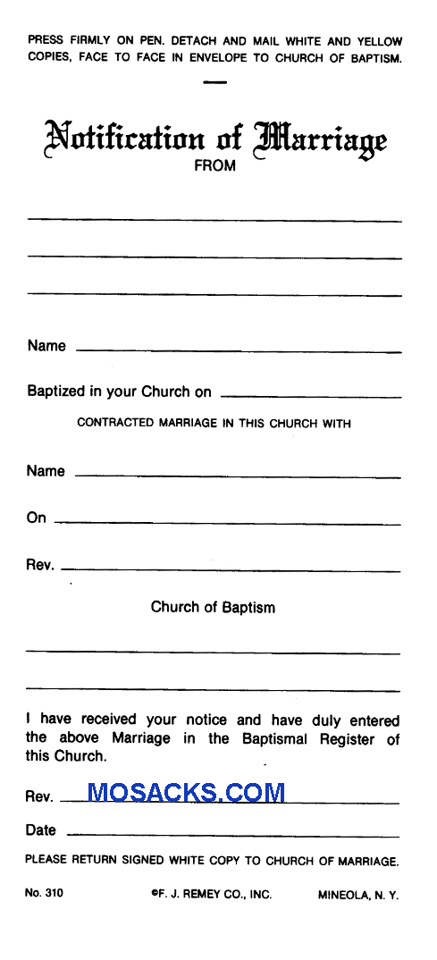 Marriage Notification 3 Part Set No. 310