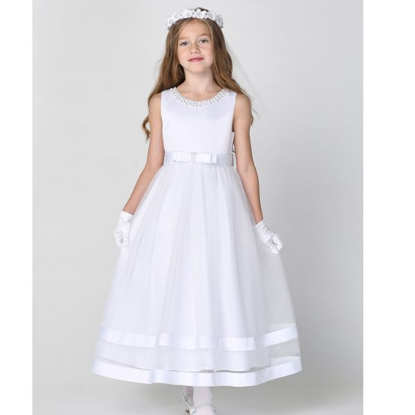 Communion Dress: Satin Bodice & Glitter Tulle Skirt