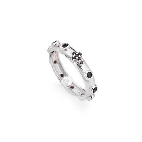 Sterling Silver Rosary Ring Black Zirconia Cross-AROBN-18
