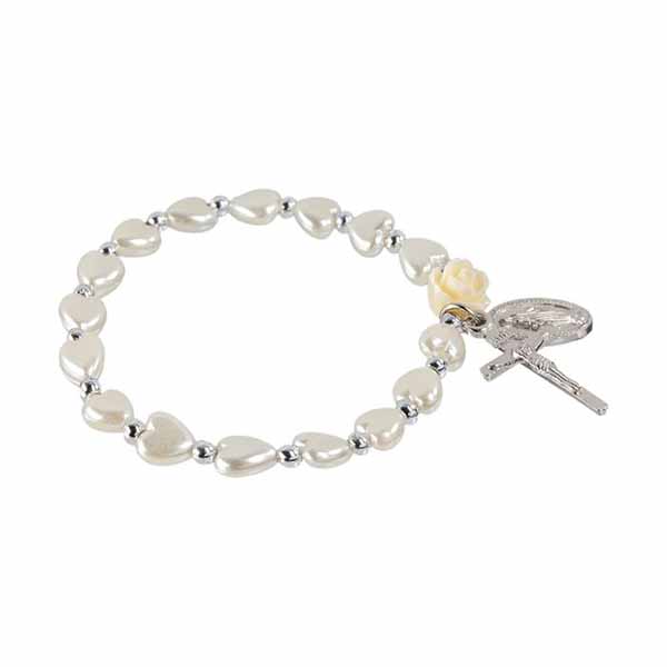 Communion 6mm Faux Heart Pearl Bead Rosary Bracelet 12-760WT