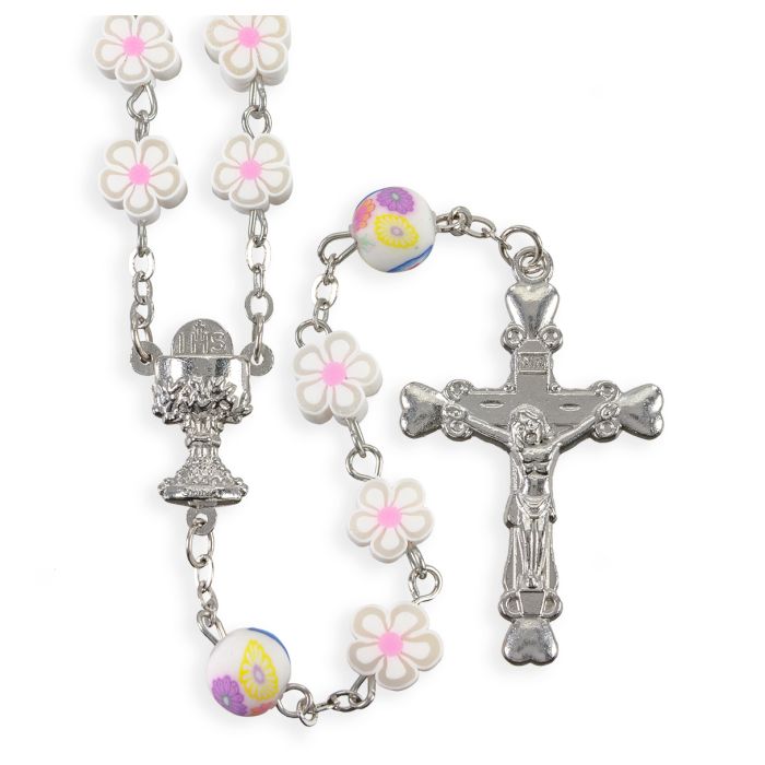 Communion 8mm White Floral Shape Fima Bead Rosary (12-1702WT)